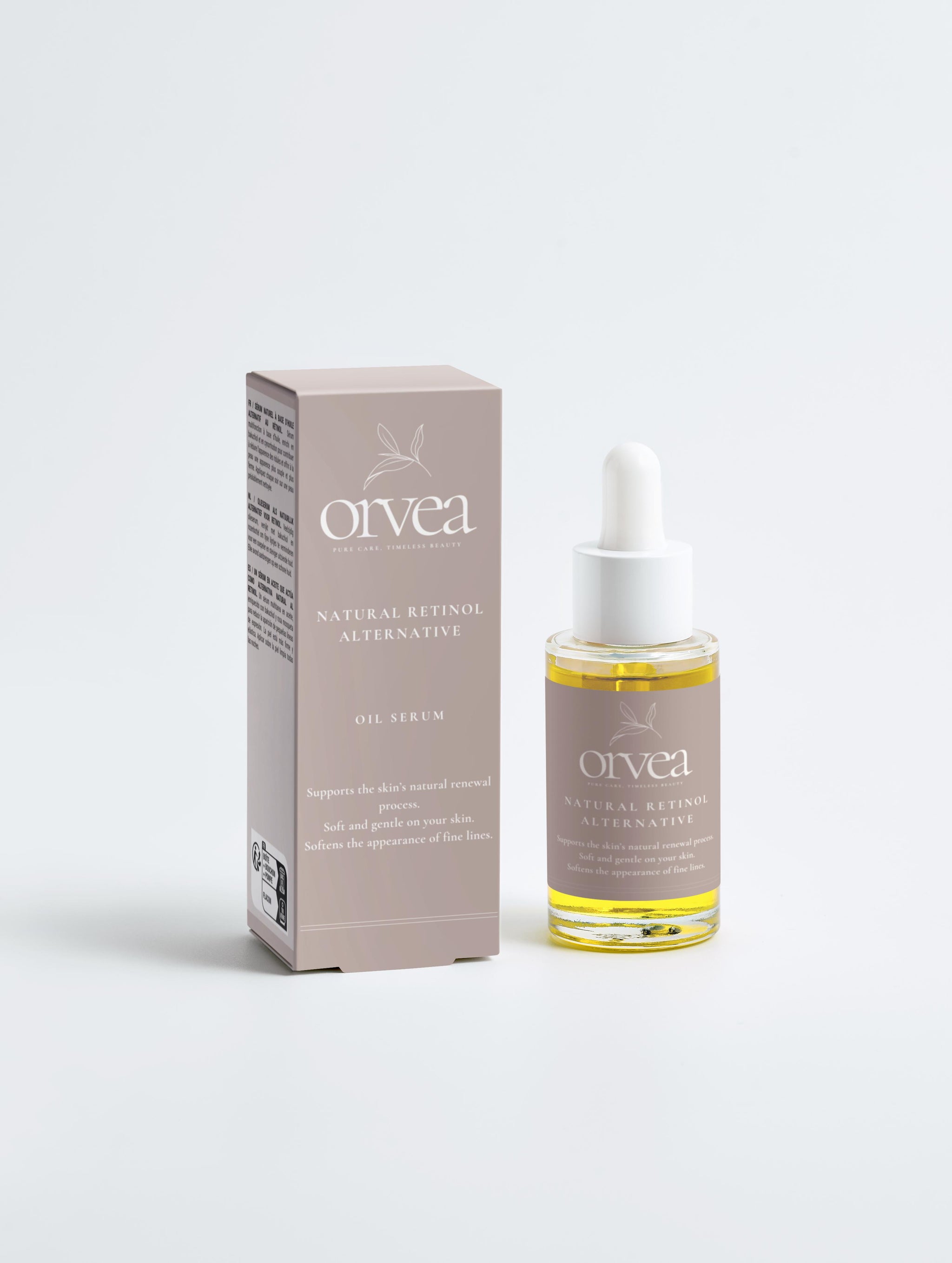 Orvea oil serum bottle and packaging on a white background