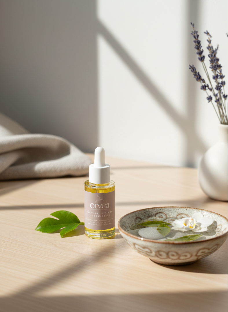 Skincare serum bottle on a wooden surface with a bowl and leaves