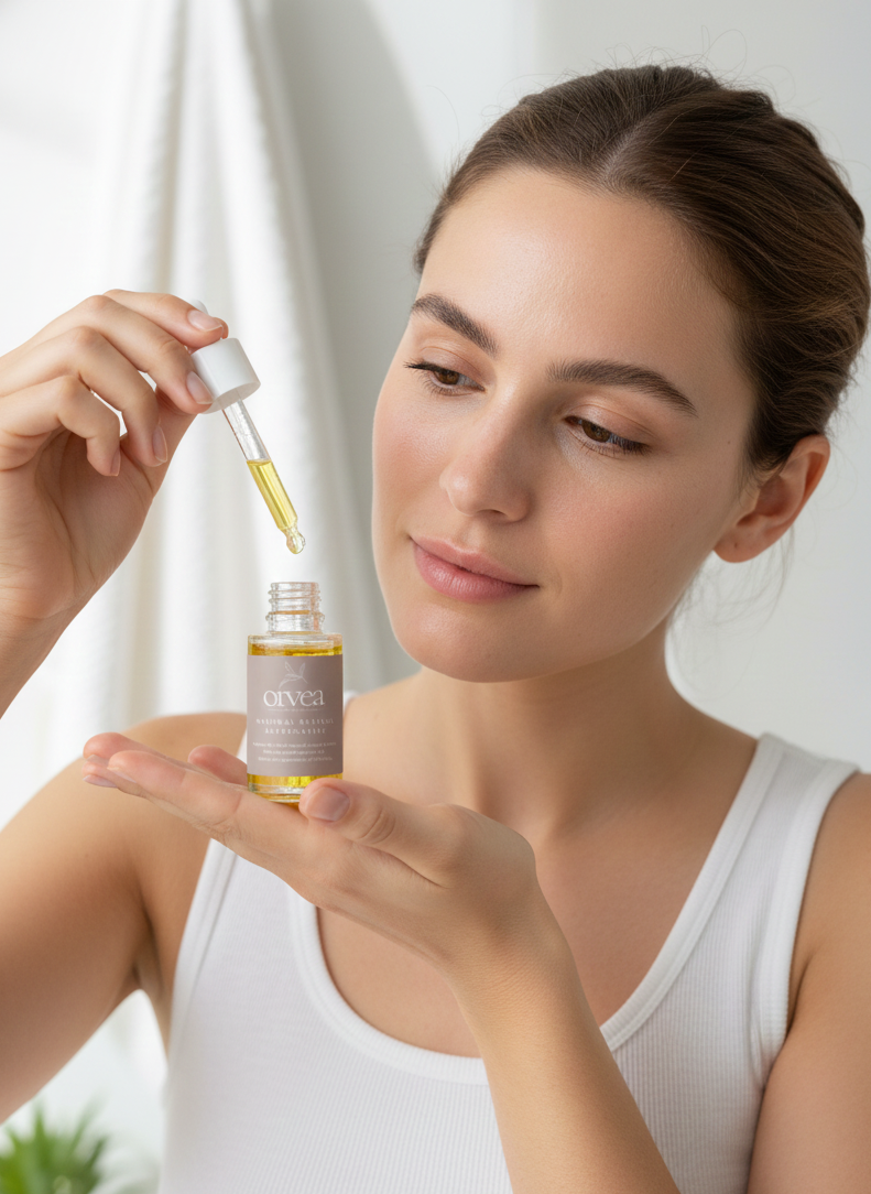 Woman holding a dropper with a skincare product and a bottle labeled 'Orvea' against a neutral background.